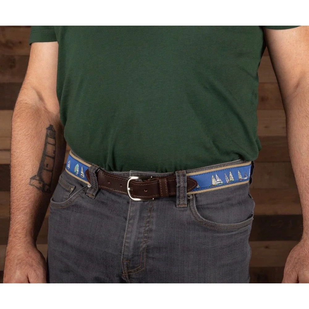 Men's Belted Cow Rounding‎ the Mark Ribbon Club Belt Blue Sailoat Nautical 33
